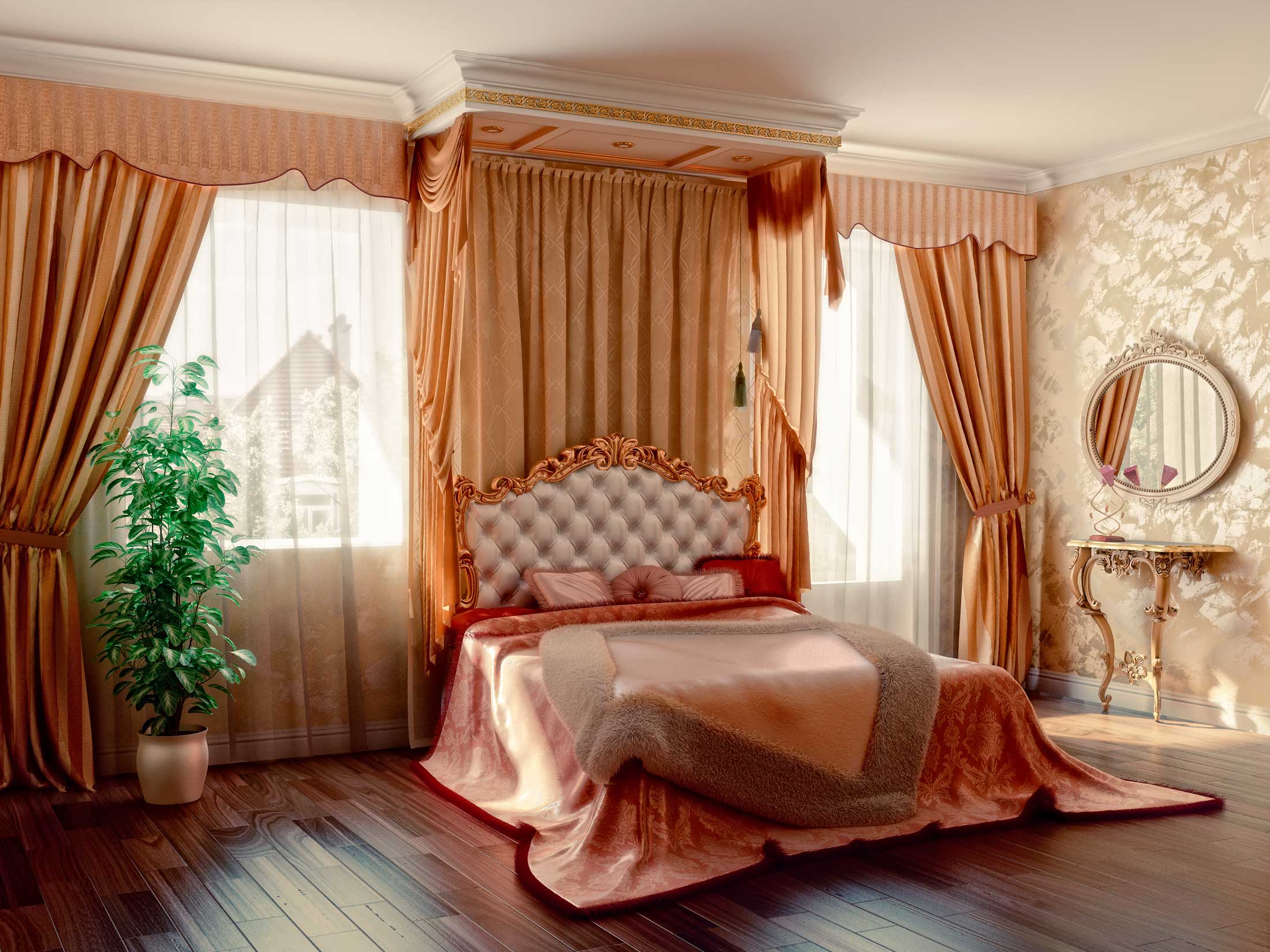 Bedroom with wood floor and draperies